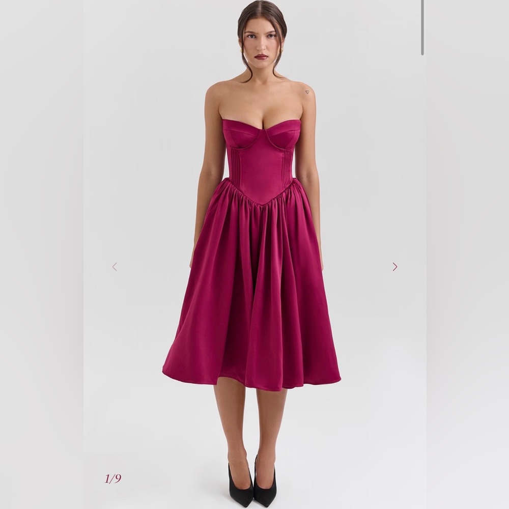 House of CB Coco Burgundy Satin Tulle Midi Dress